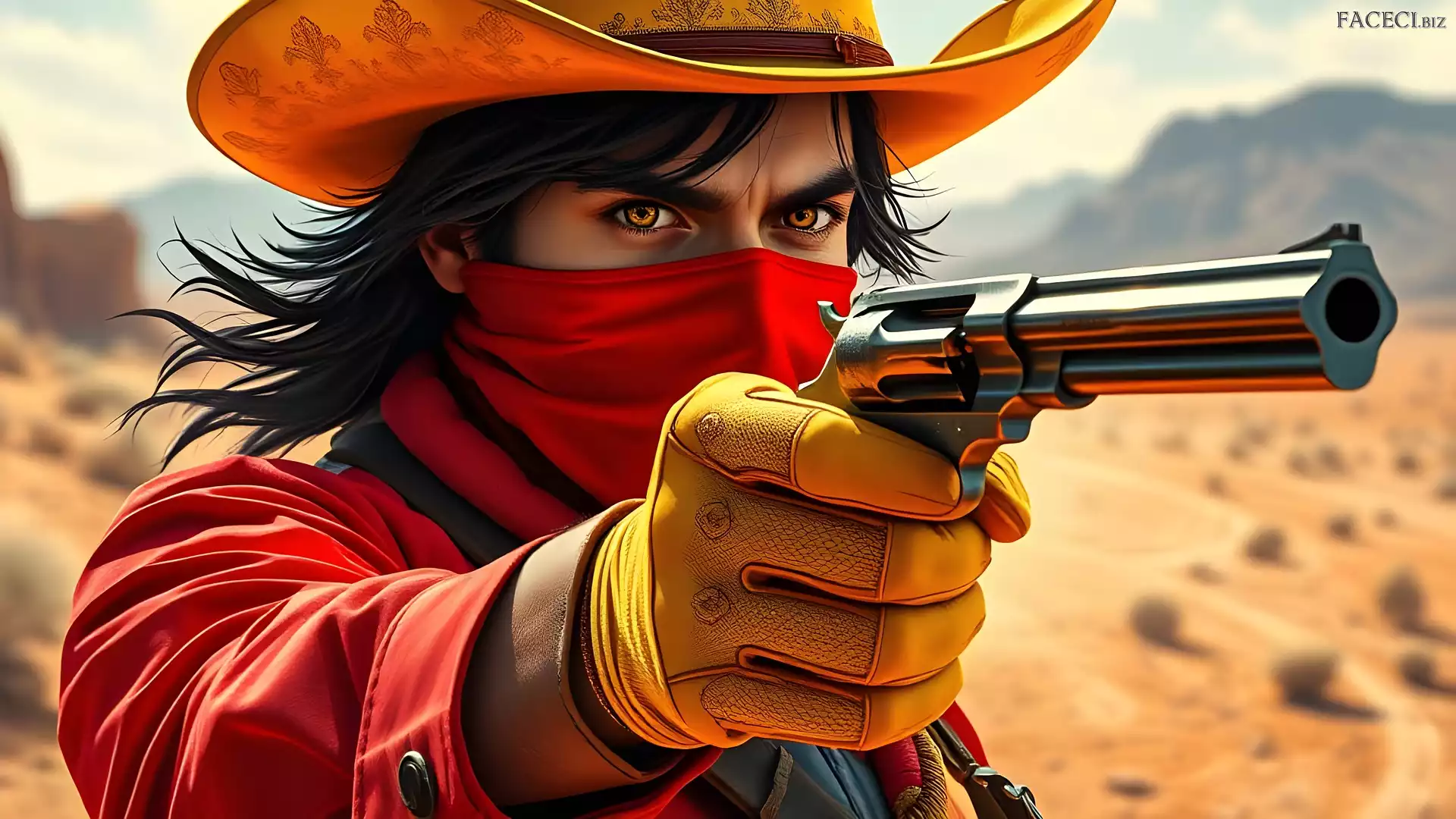 Grafika, Kapelusz, Mężczyzna, Maska, Pistolet, Rękawice