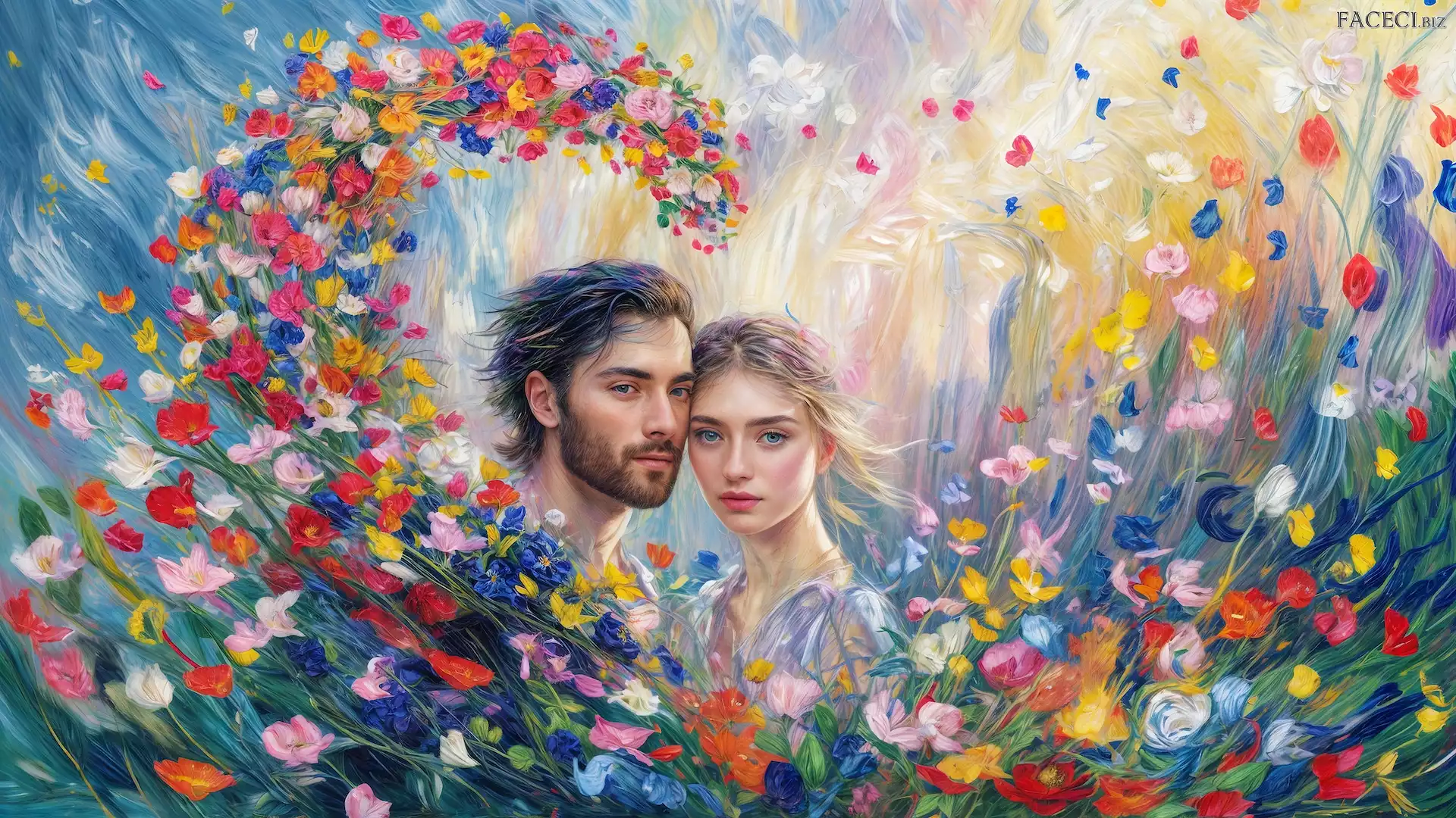 Zakochani, Grafika, Kobieta, Mężczyzna, Kwiaty, Serce