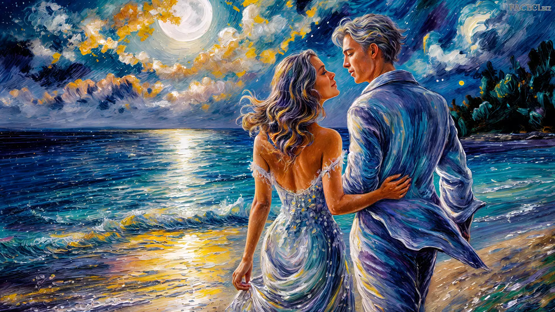 Kobieta, Grafika, Mężczyzna, Para, Grafika, Zakochani, Księżyc, Morze