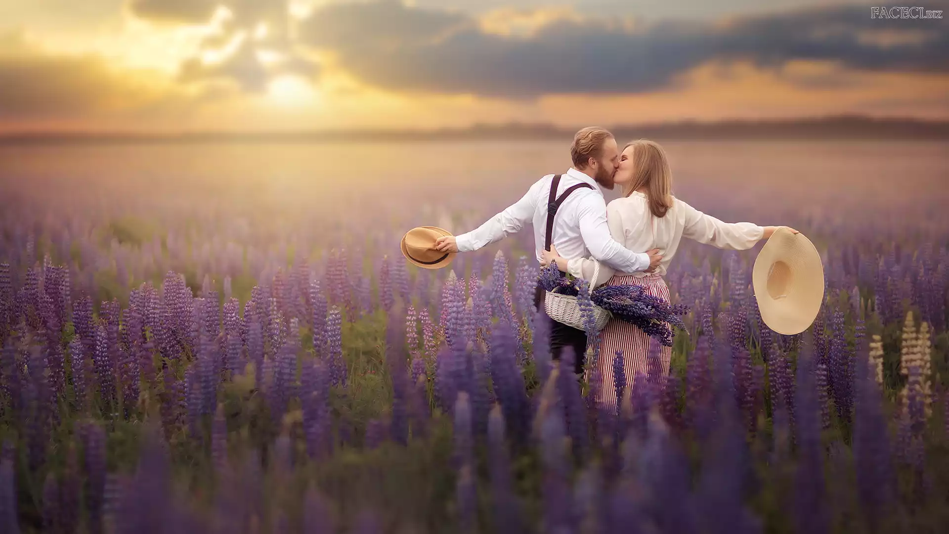 Pocałunek, Kobieta, Łubin, Łąka, Mężczyzna