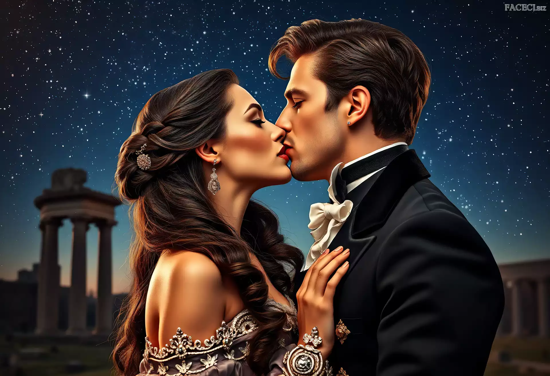 Miłość, Kobieta, Mężczyzna, Pocałunek, Gwiazdy, Zakochani, Niebo