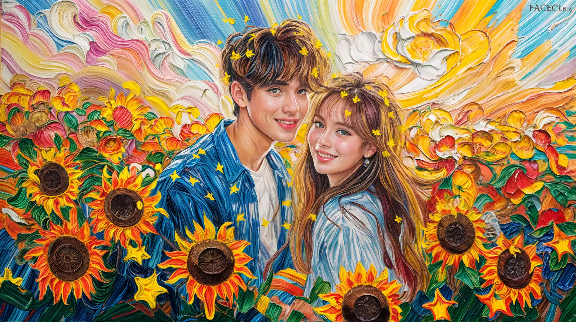 Chłopak, Dziewczyna, Grafika, Słoneczniki